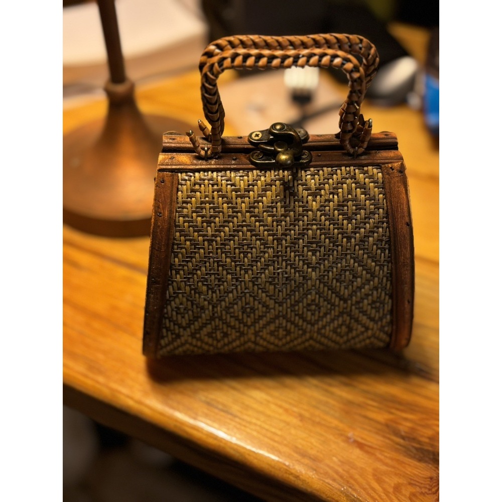 Vintage‎ Woven Wood Box Purse Handbag Boho Basket Bag Top Handle Retro